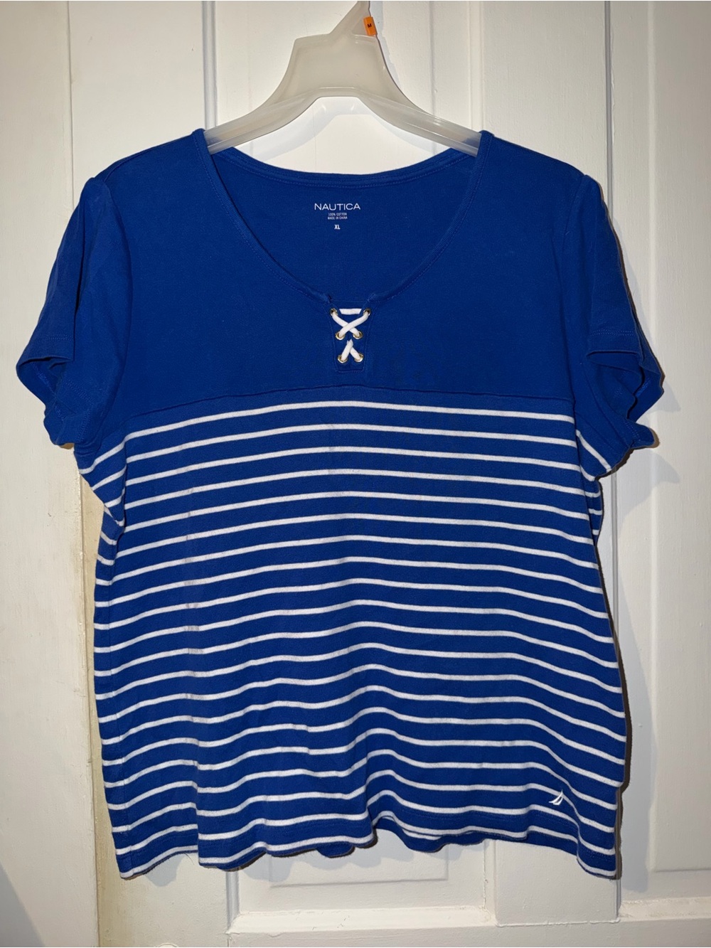 Nautica Royal Blue & White Striped Short Sleeve Tee with Lace-Up Neck
